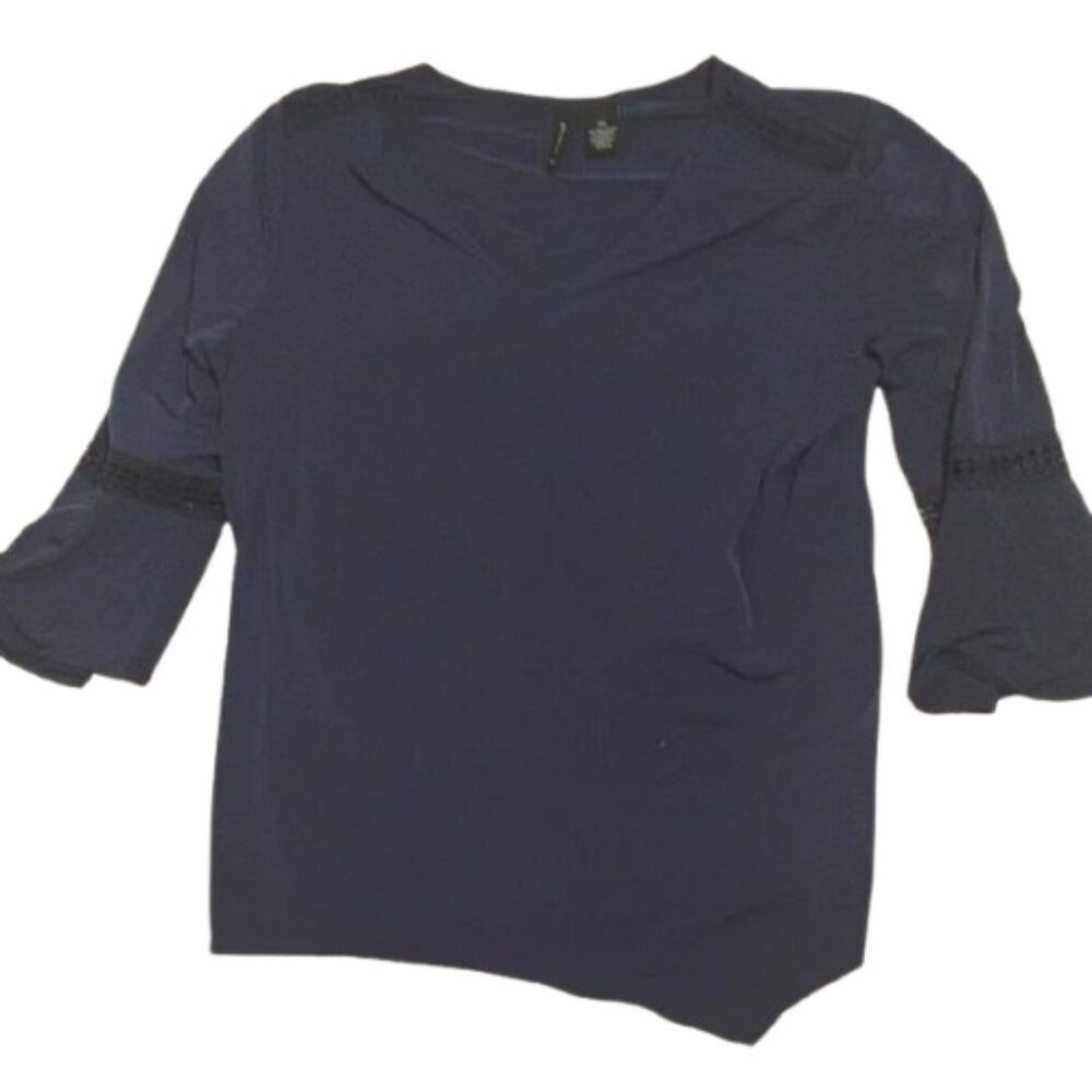 New Directions Women's Xl Blue Blouse with Lace And Bell Sleeve
